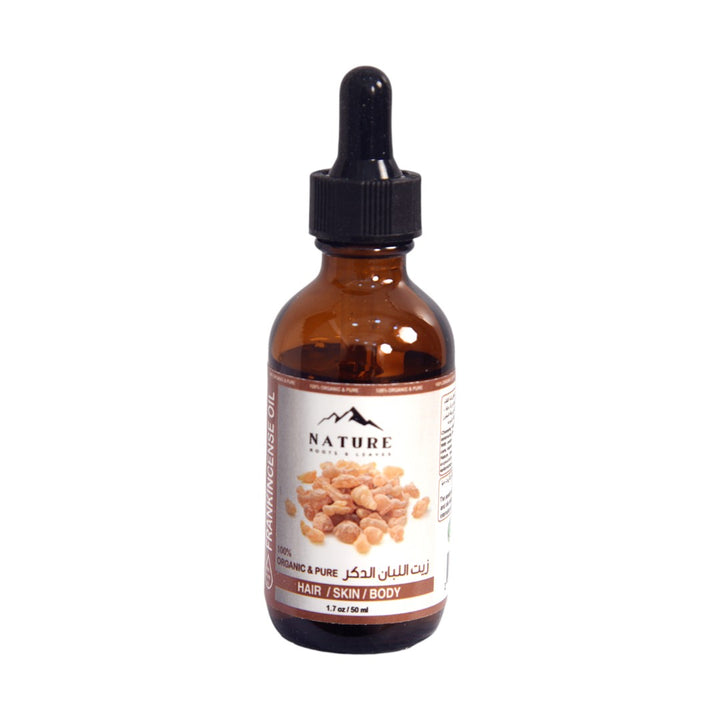 A 50 ml bottle of Nature Healer Frankincense Oil with a dropper, labeled for skin care use.